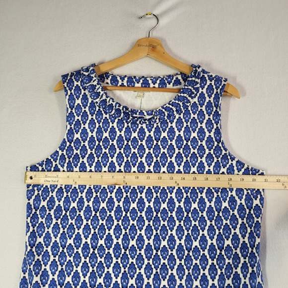 Talbots Petite XL Blue White Geo Ruffle Neck Cotton Shift Dress NWT Knee Length - Picture 9 of 11